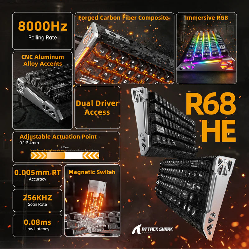 ATTACK SHARK R68 HE Rapid Trigger com Switch Magnético em Fibra de Carbono